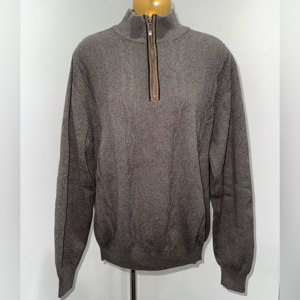 Alex Cannon Men’s 1/4 Zip Cotton Sweater – Brown w/ Suede Elbow Patches Size M